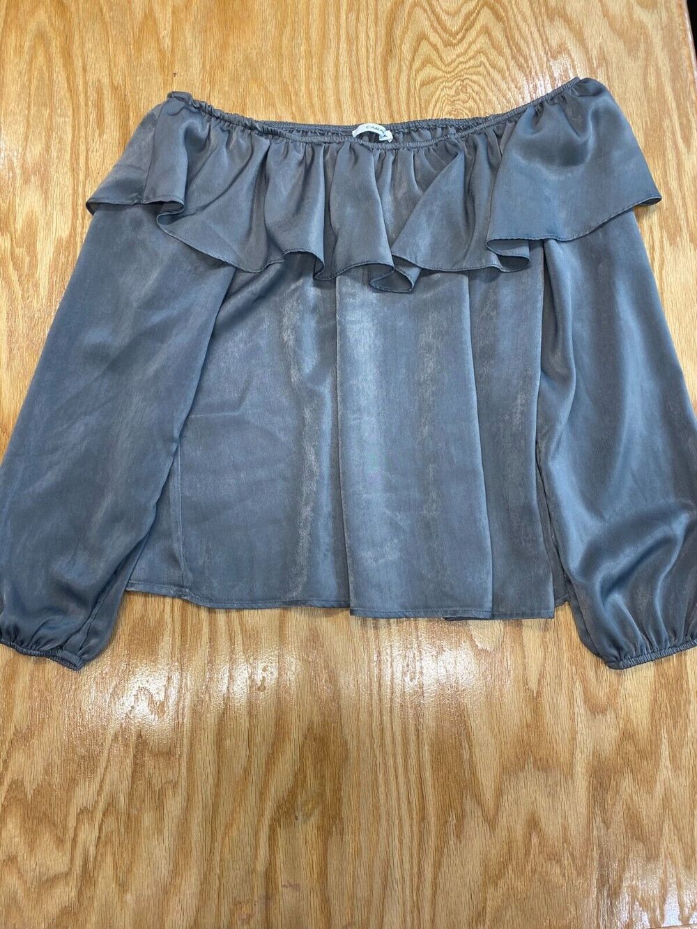 Caramela Cropped Blouse Top Women's Small Gray Long Sleeve Ruffled Hipster B76